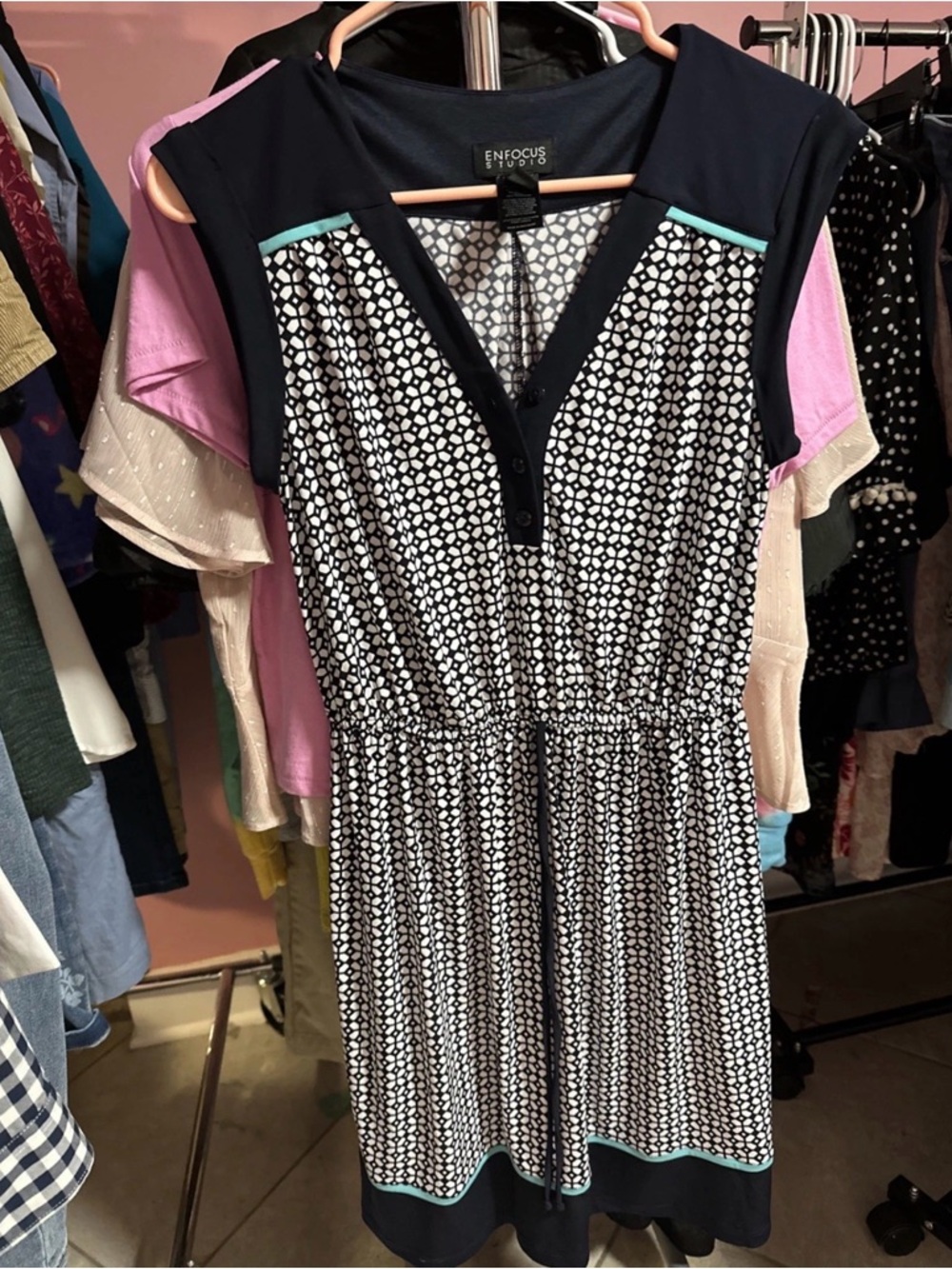 Enfocus Studio Black & White Printed Midi Dress with Teal Trim